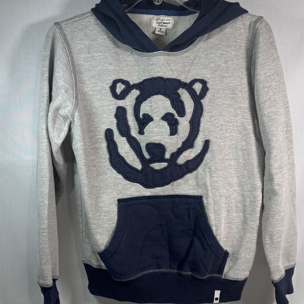 Lucky Brand California Republic Bear Applique Hoodie Youth M Gray Navy